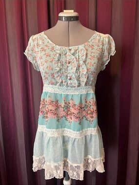 Y2K Maurice's Tiered Ruffle Floral Tie-Back Top with Lace, Aqua & Pink, Size S
